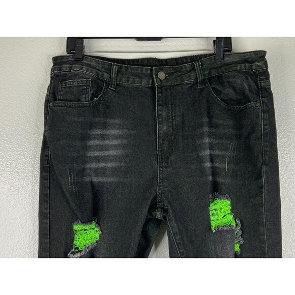 Men 36/29 Black Stretch Denim Jeans Green Distressed Urban Wear - Picture 2 of 9